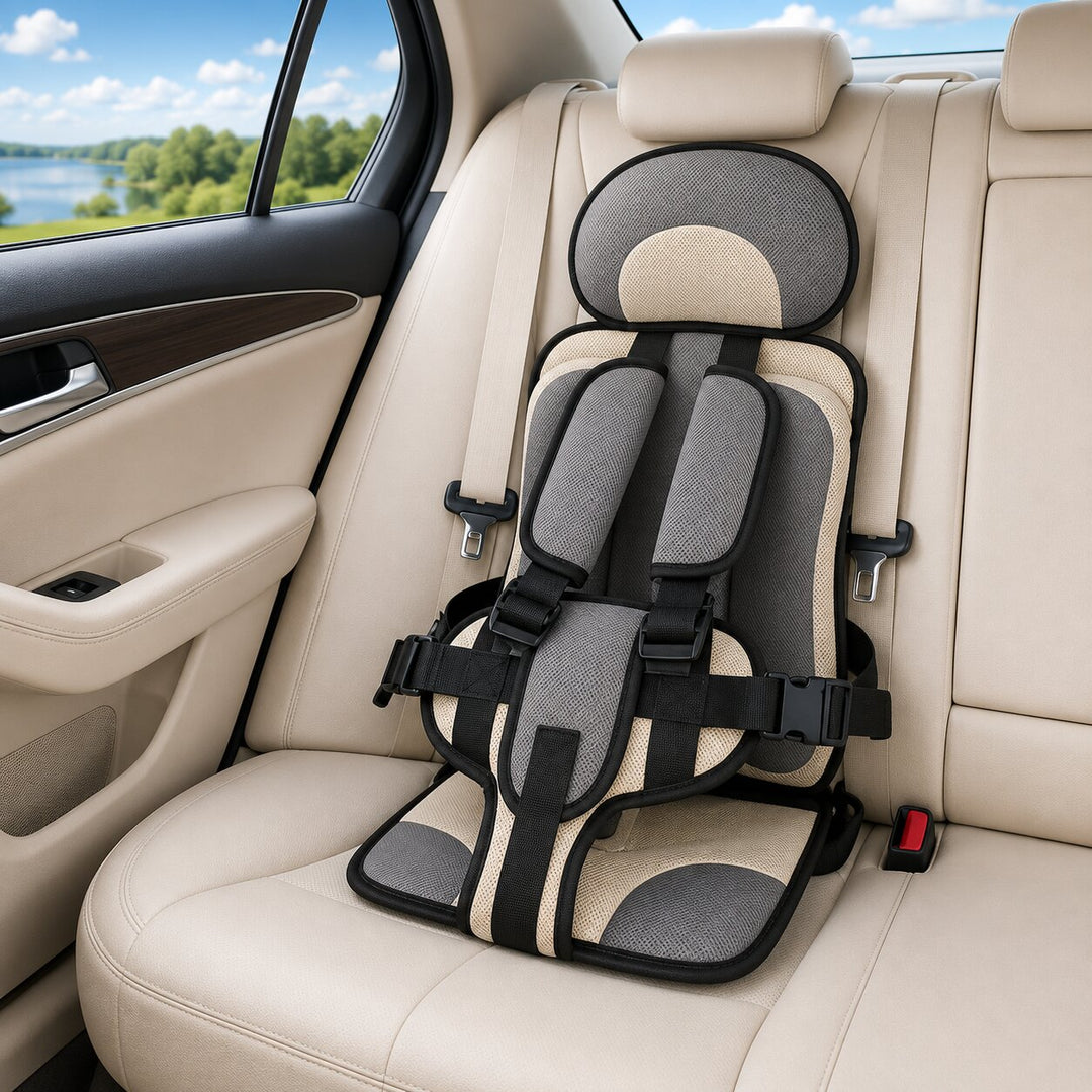 Grey foldable car booster seat for kids, another view