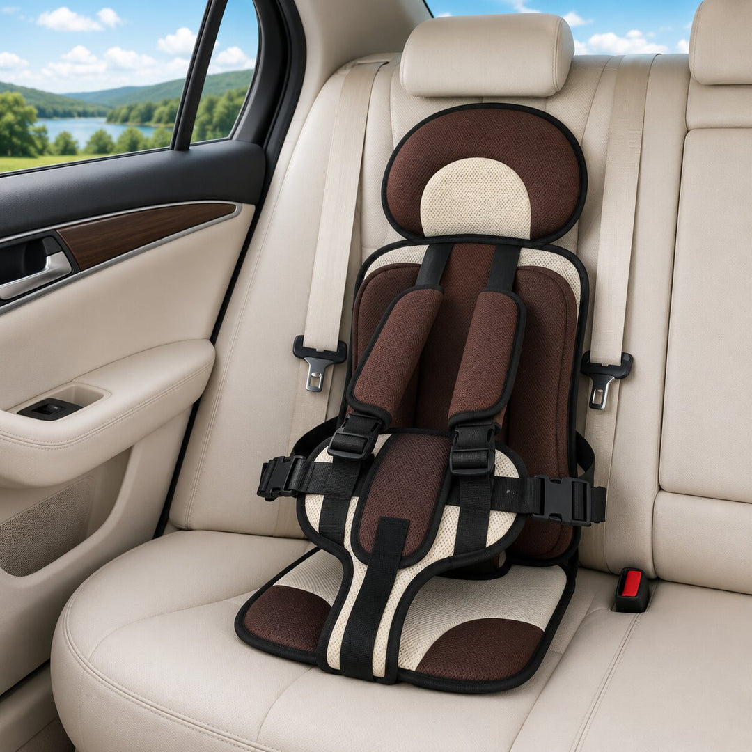 Grey foldable car booster seat for kids, another view