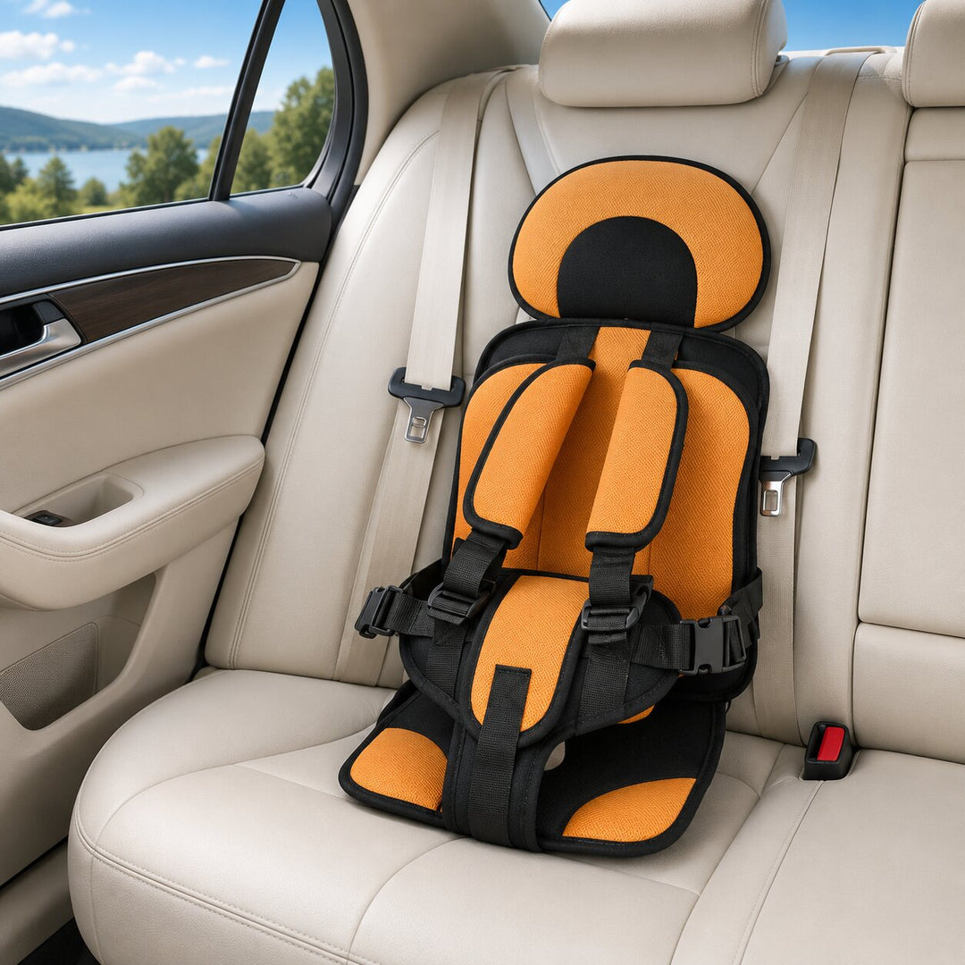 Grey foldable car booster seat for kids, another view