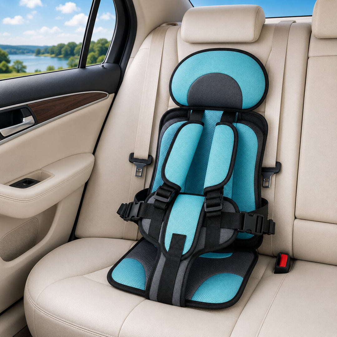 Grey foldable car booster seat for kids, another view