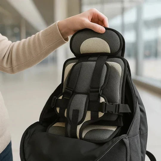 Grey foldable car booster seat for kids, detail