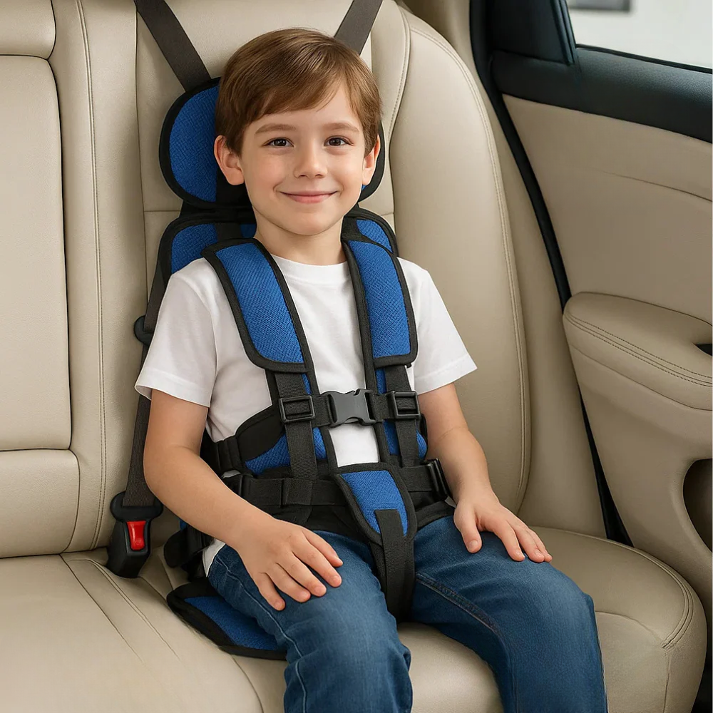 Foldable car booster seat for kids in grey with an adjustable harness