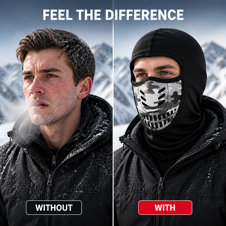 Side-by-side of a man with a frosty face uncovered and the same man wearing the balaclava 3