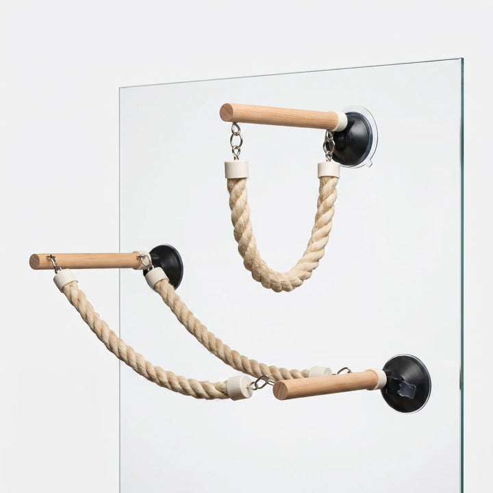Three wooden perches with black suction cups stuck to a glass pane, each linked to a twisted natural rope that hangs in a loop. 1