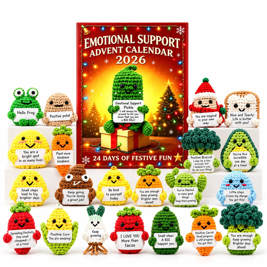 Red advent calendar box surrounded by a full set of colorful crocheted characters holding small message cards 2