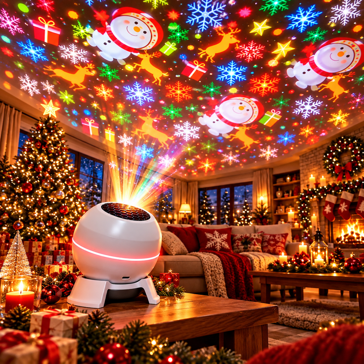 Close view of the white spherical projector with a glowing red ring projecting rainbow light and festive motifs.
