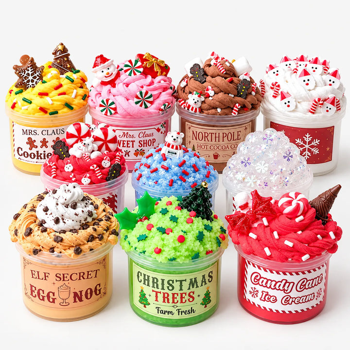 Ten slime pots in a grid on white, each topped with festive charms and sprinkles 2