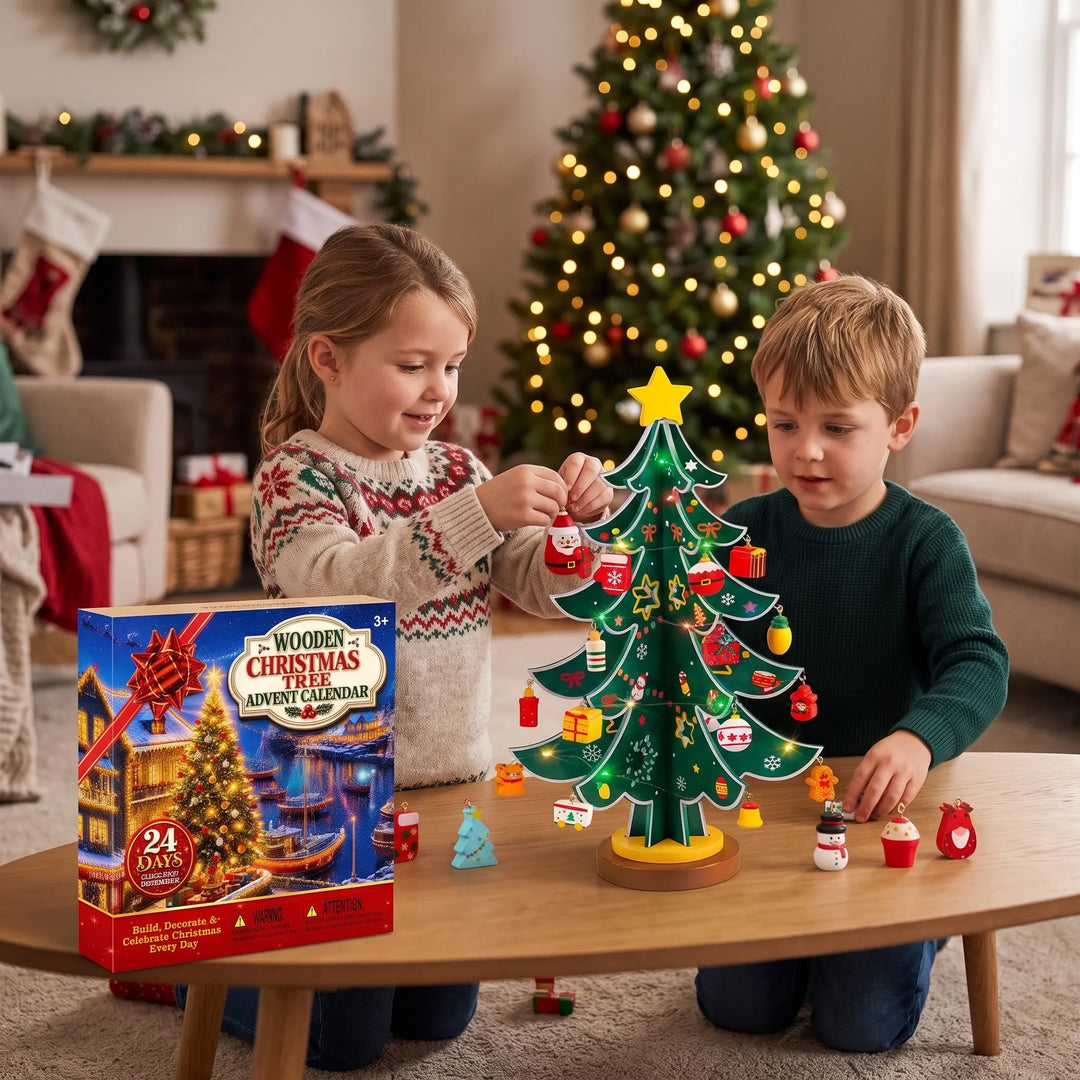 Two children hang small ornaments on a green wooden tabletop tree in a decorated living room 1