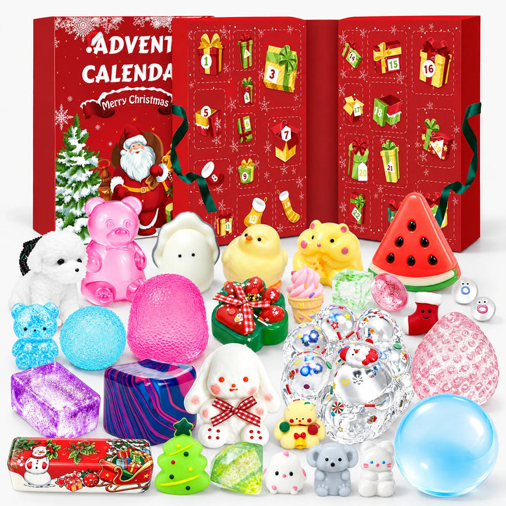Open red calendar with numbered gift doors and all the colorful squishy toys laid out in front 2