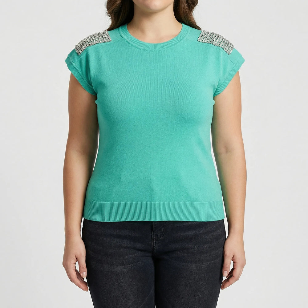 Fitted Rhinestone Shoulder Knit Top - Laura