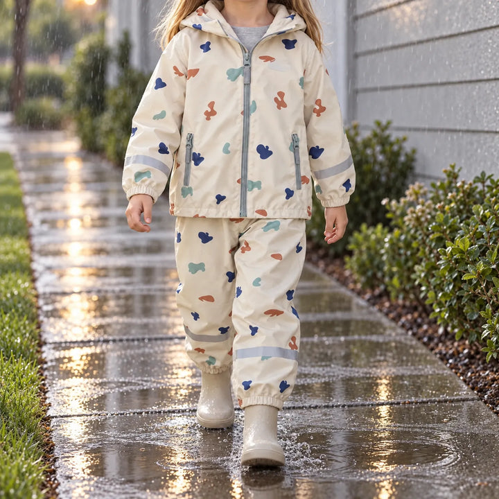 Child in a cream rain jacket and pants with colorful blob print and reflective strips, walking through puddles on a wet sidewalk. 1