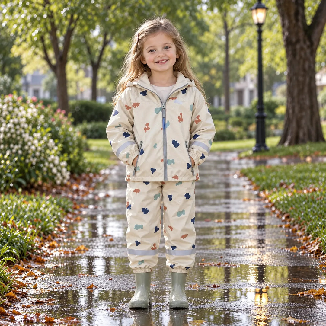 Smiling girl with hands in the jacket pockets, wearing the cream blob-print rain set and boots in a rainy park. 3