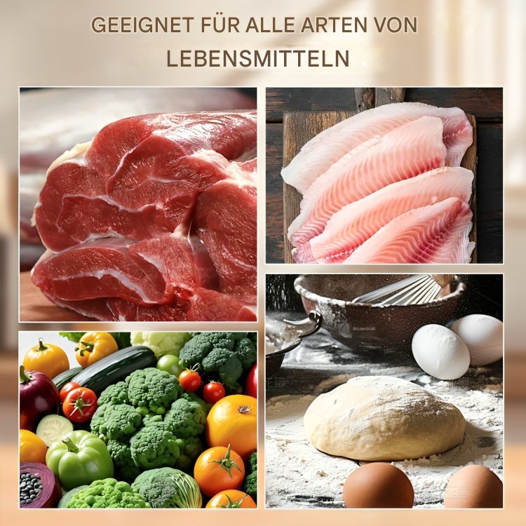 Another view of the tool with foods it can work with, including raw red meat, fish fillets, fresh vegetables, and dough. 3