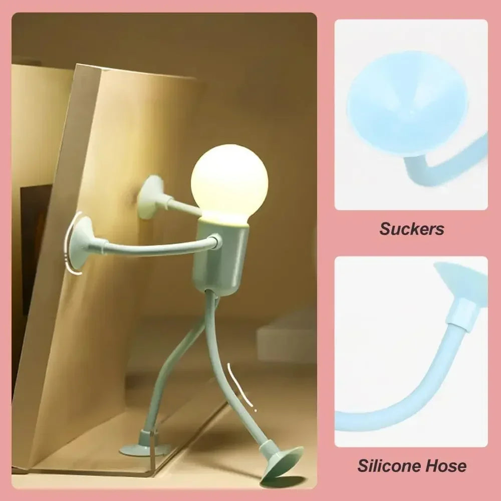 Blue figure light pushing against a book with suction-cup hands, plus close-ups of the sucker and silicone hose 12