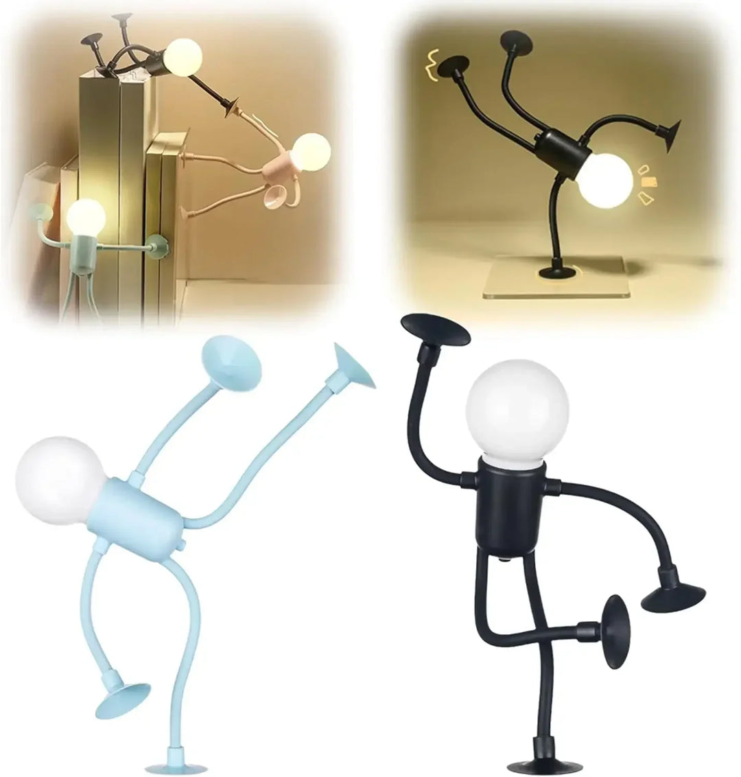 Light blue figure light in a handstand beside a black one standing on one leg, with pose examples above 15