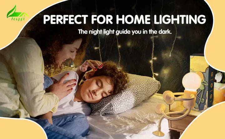 Mother tucking a sleeping boy into bed, with a cream figure light glowing on the nightstand 17