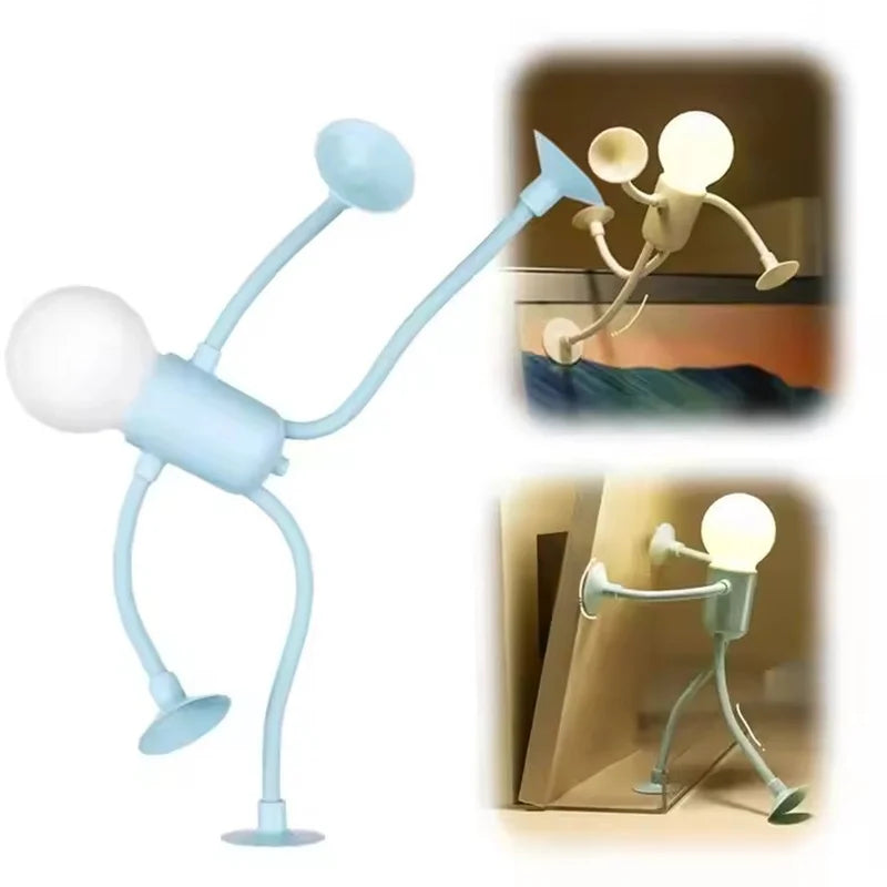 Light blue figure light in a high-kick pose with suction-cup hands and feet, plus two inset examples 25
