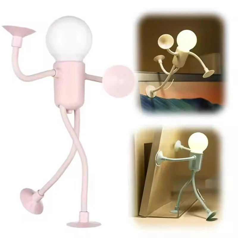 Pink figure light standing with raised arm, plus two small inset photos of it posed on surfaces 6