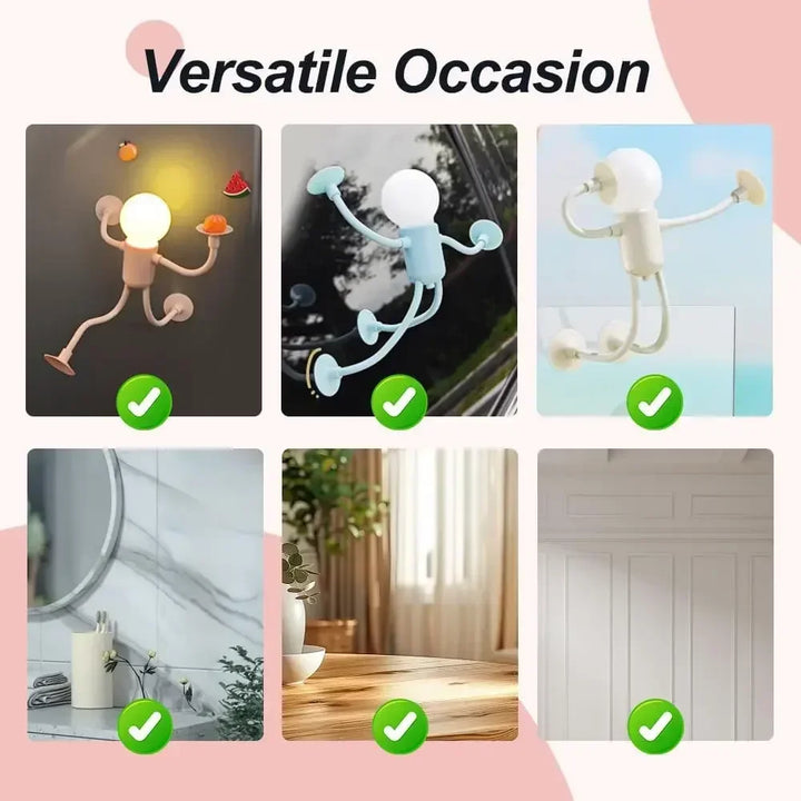 Grid of figure lights stuck to a fridge, window and glass, with checkmarks for bathroom, table and wall use 9