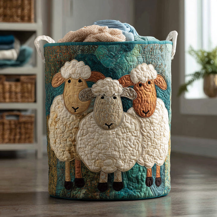 Beige quilted fabric laundry basket with canvas handles, filled with towels.