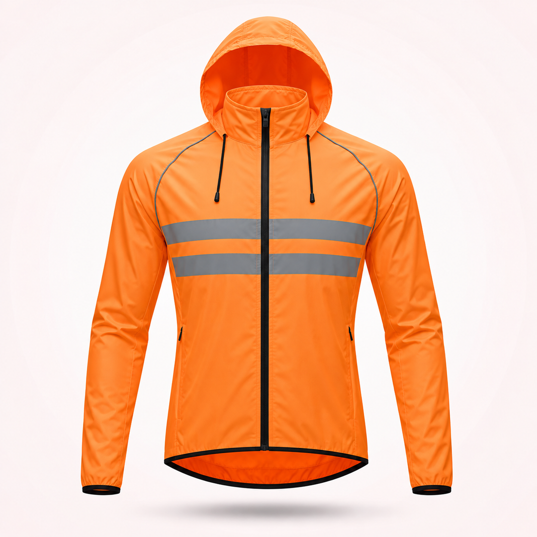 Front view of the orange hooded version with black drawstrings, side zip pockets and two reflective gray chest stripes.
