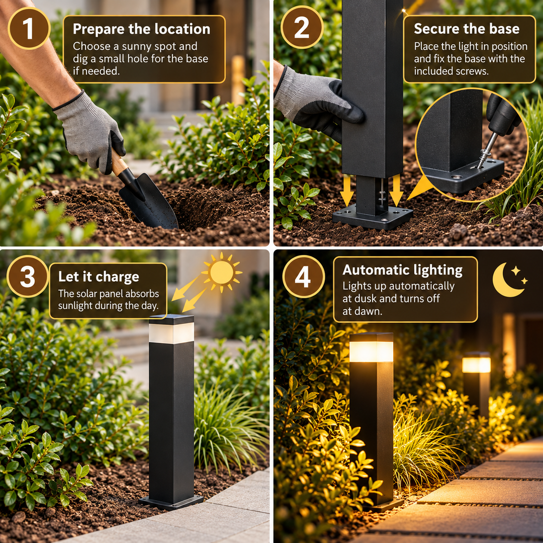 Four-step installation guide: digging a hole, screwing the base down, daytime solar charging, and automatic lighting at 4
