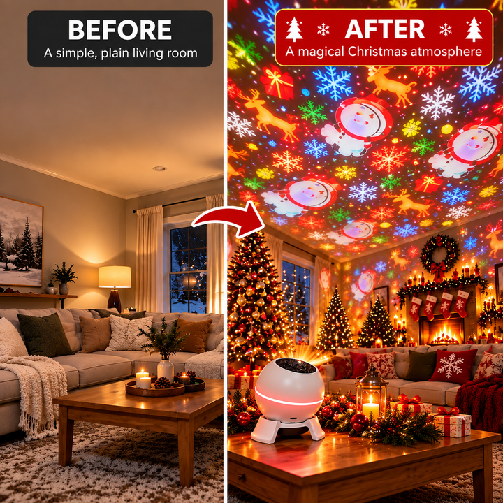 Before-and-after comparison of a living room with and without colorful projected Christmas motifs.