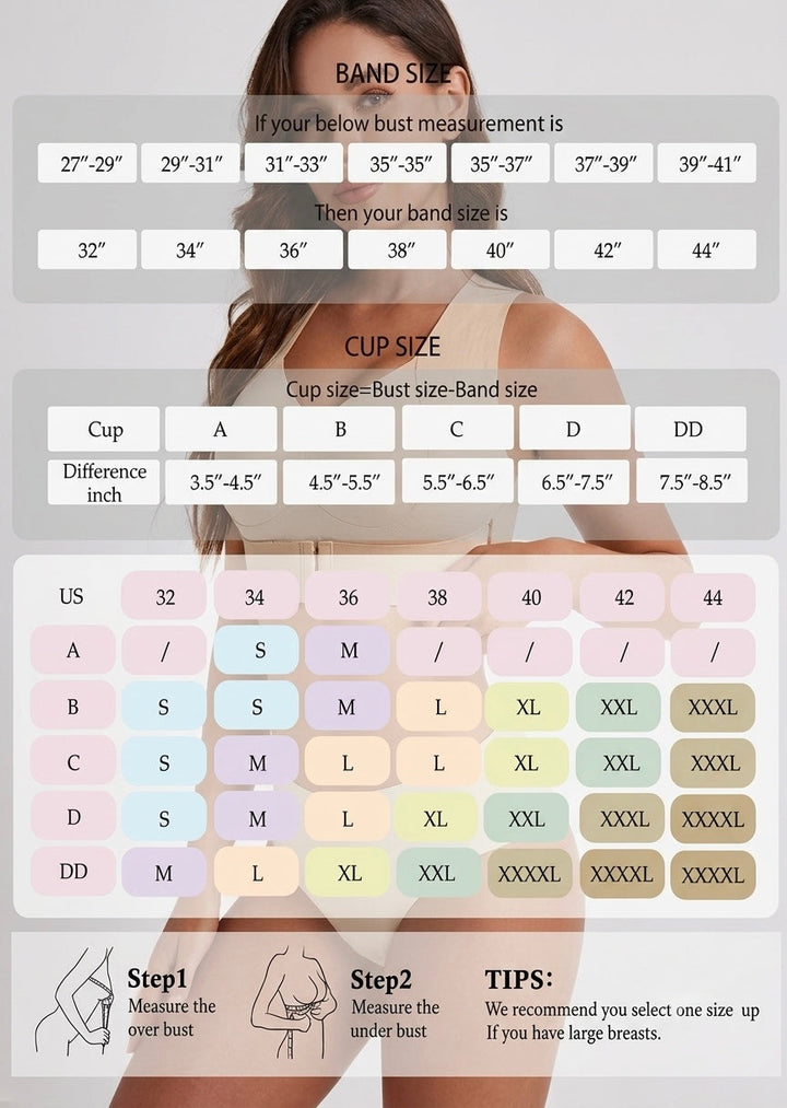 Size guide chart over a faded photo of the bra, listing band sizes, cup sizes and a size conversion table.