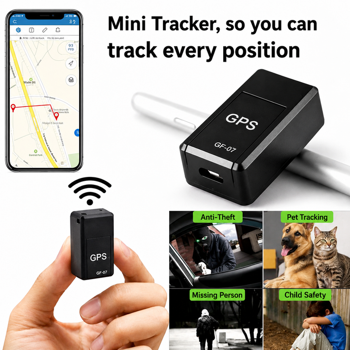 Black GPS tracker detail with a phone map and use-case scenes.
