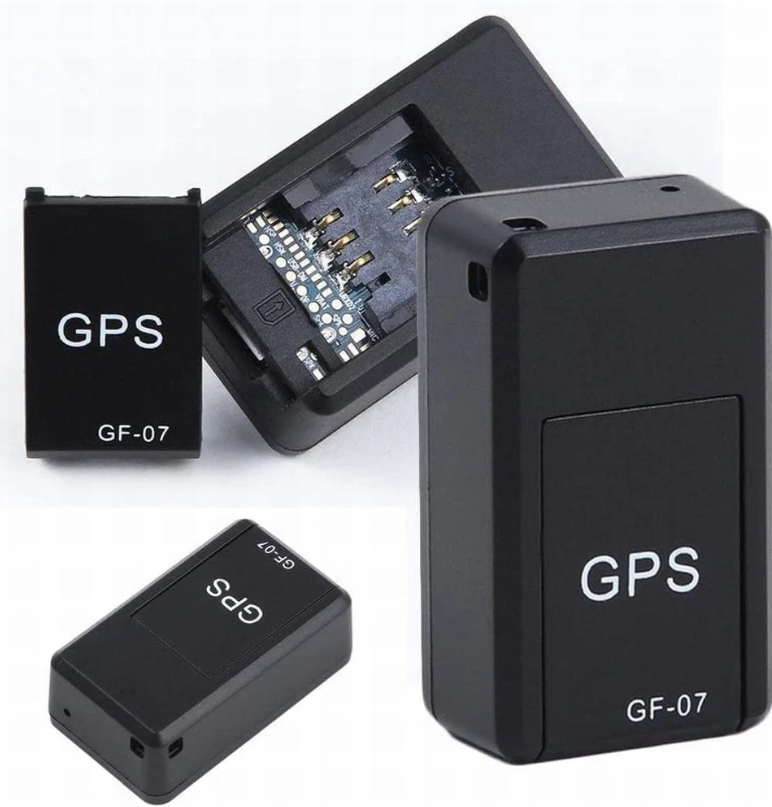 Three views of the black GPS tracker, including the open unit showing internal contacts.