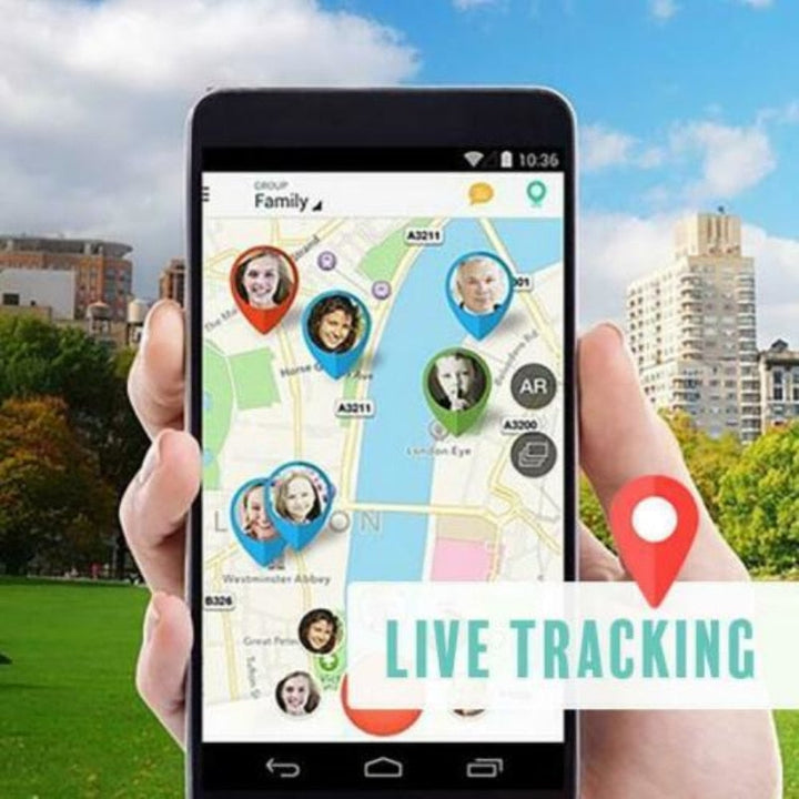 GPS Tracker detail with a smartphone map showing live location tracking.
