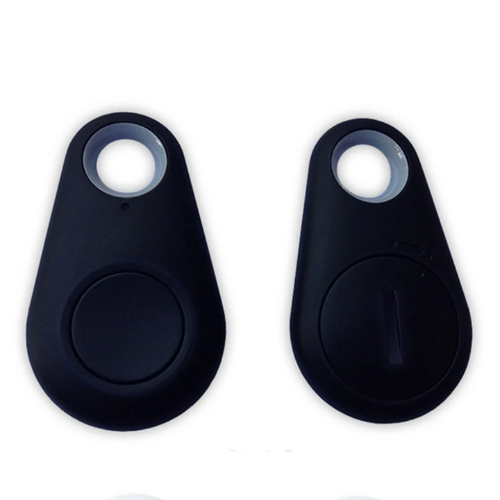 GPS Tracker detail showing the front and back of a black teardrop-shaped tracker.