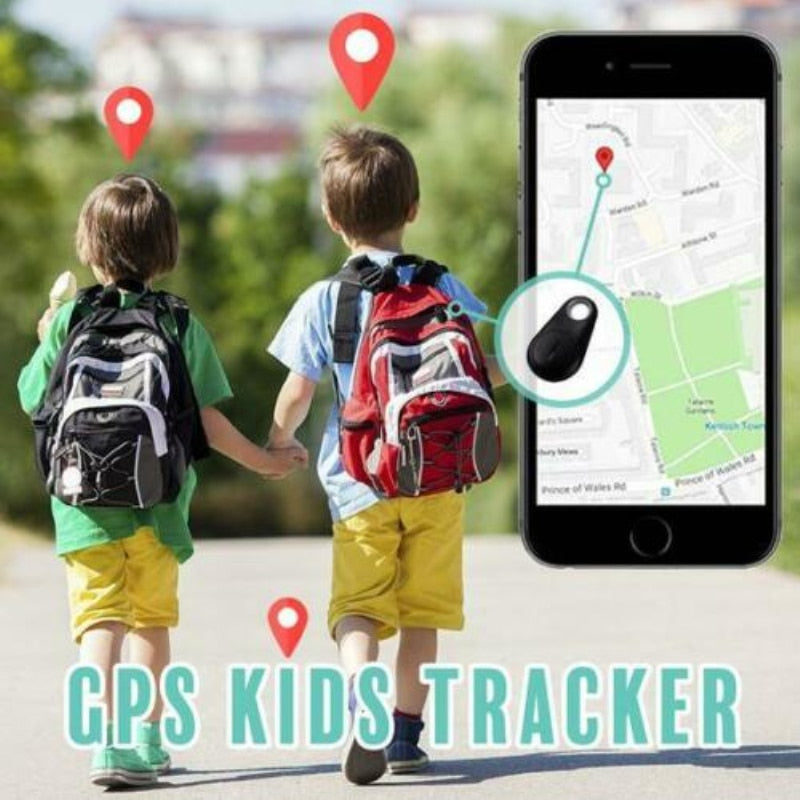 GPS Tracker shown with a phone map and location pins outdoors.