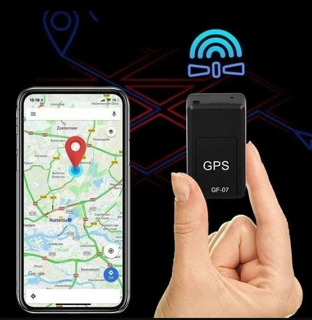 Hand holding the compact black tracker beside a phone map with a red location pin and a signal icon. 2