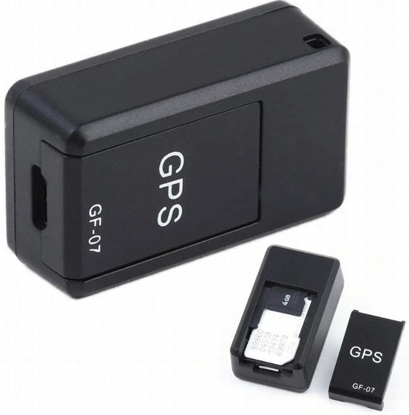 Black tracker shown closed at large size, with a smaller view of the sliding cover removed to reveal the SIM card slot. 5