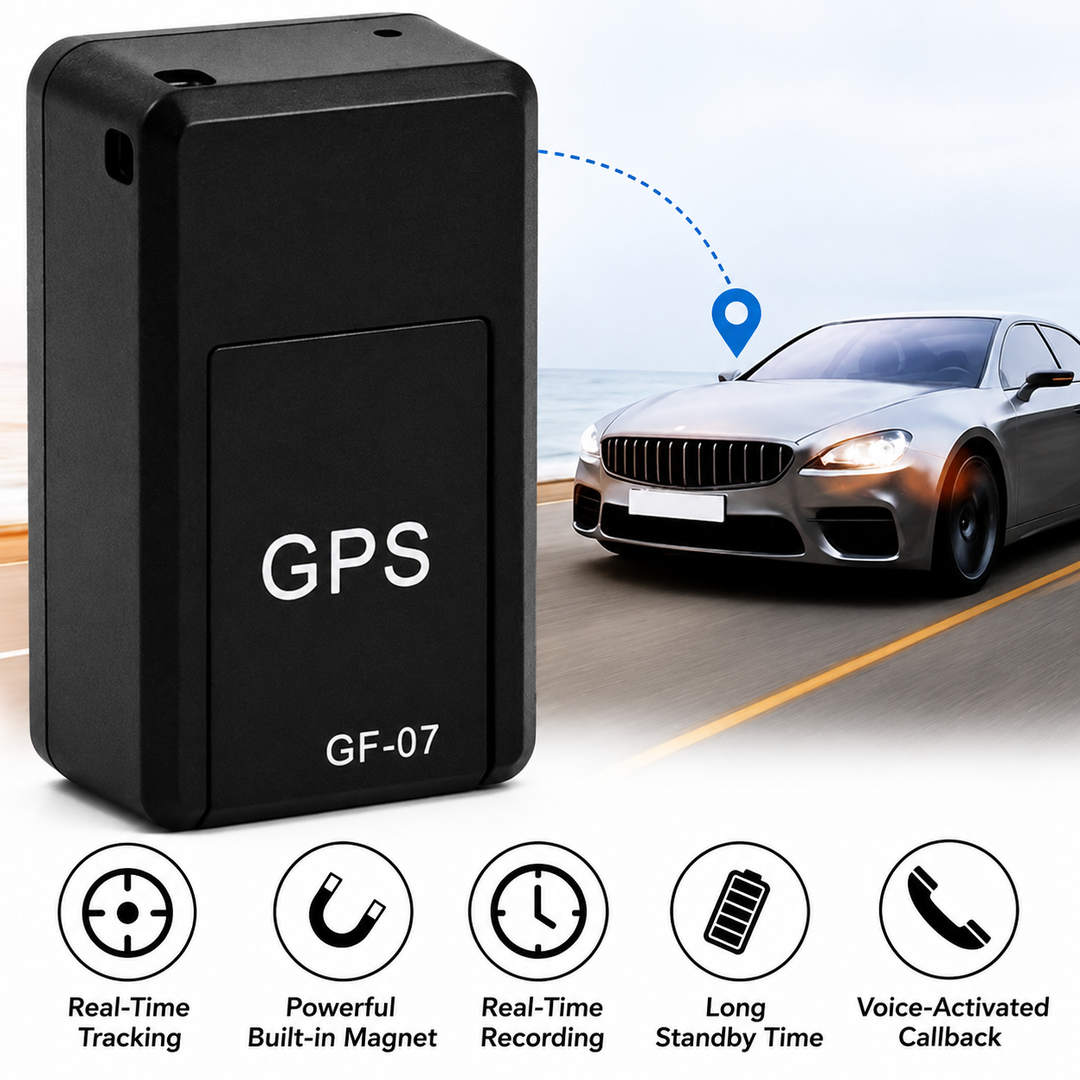 Large black tracker beside a silver car on a coastal road with a blue location pin and five feature icons below. 8