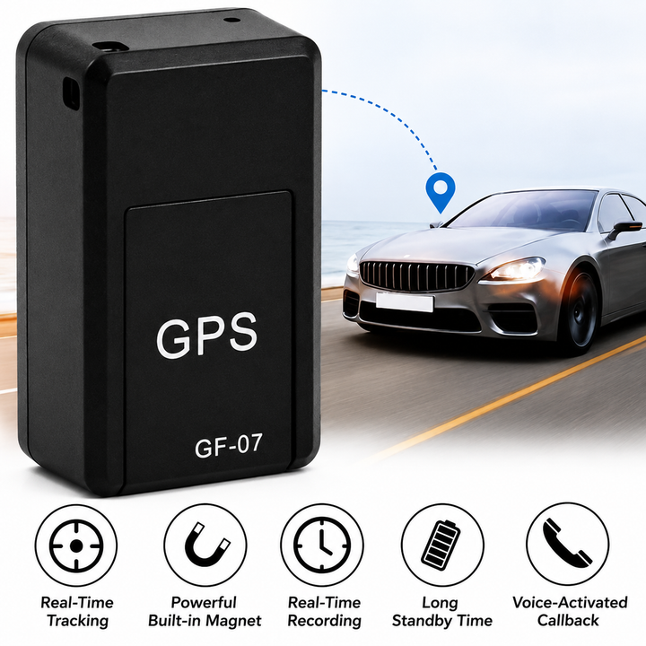 Large black tracker beside a silver car on a coastal road with a blue location pin and five feature icons below. 8