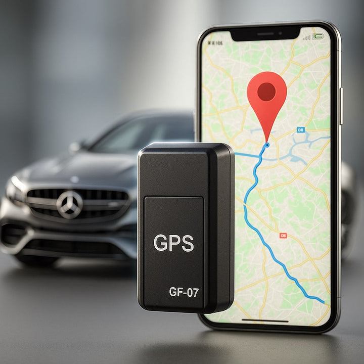 Small black tracker in front of a smartphone showing a route map with a red pin, with a gray car blurred behind. 1