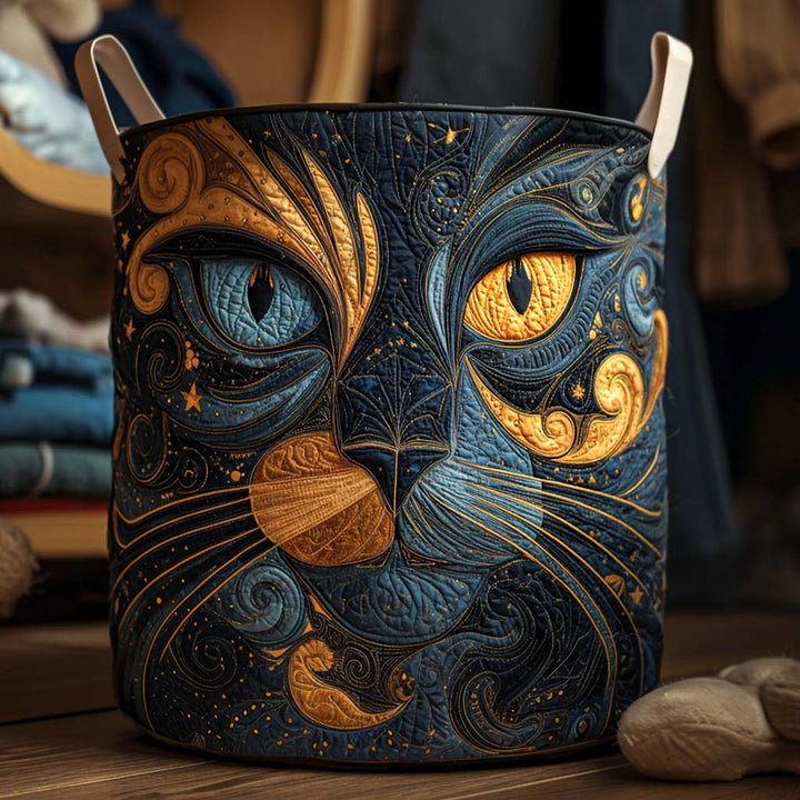 Padded Galaxy Cat Laundry Basket with Handles in blue and gold, round and freestanding