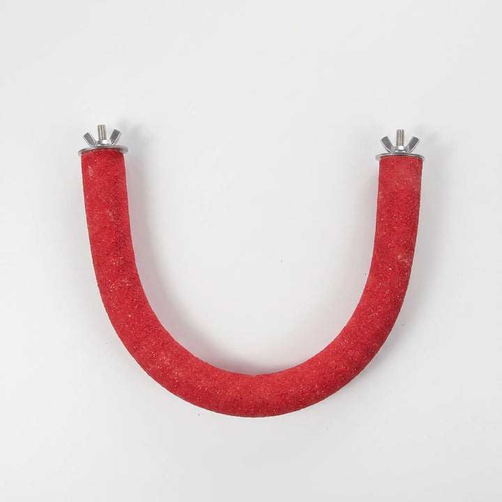 Red gritty curved perch laid flat in a U shape, with a wing nut and bolt at each end. 5
