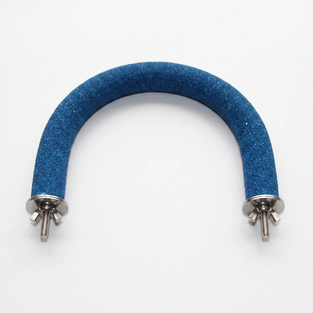 Blue gritty curved perch lying flat on white, showing the metal washers and wing-nut bolts at both ends. 6