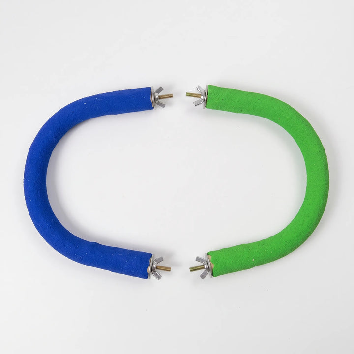 Two curved perches, one blue and one green, laid face to face to form an oval, each with wing-nut bolts at the ends. 7