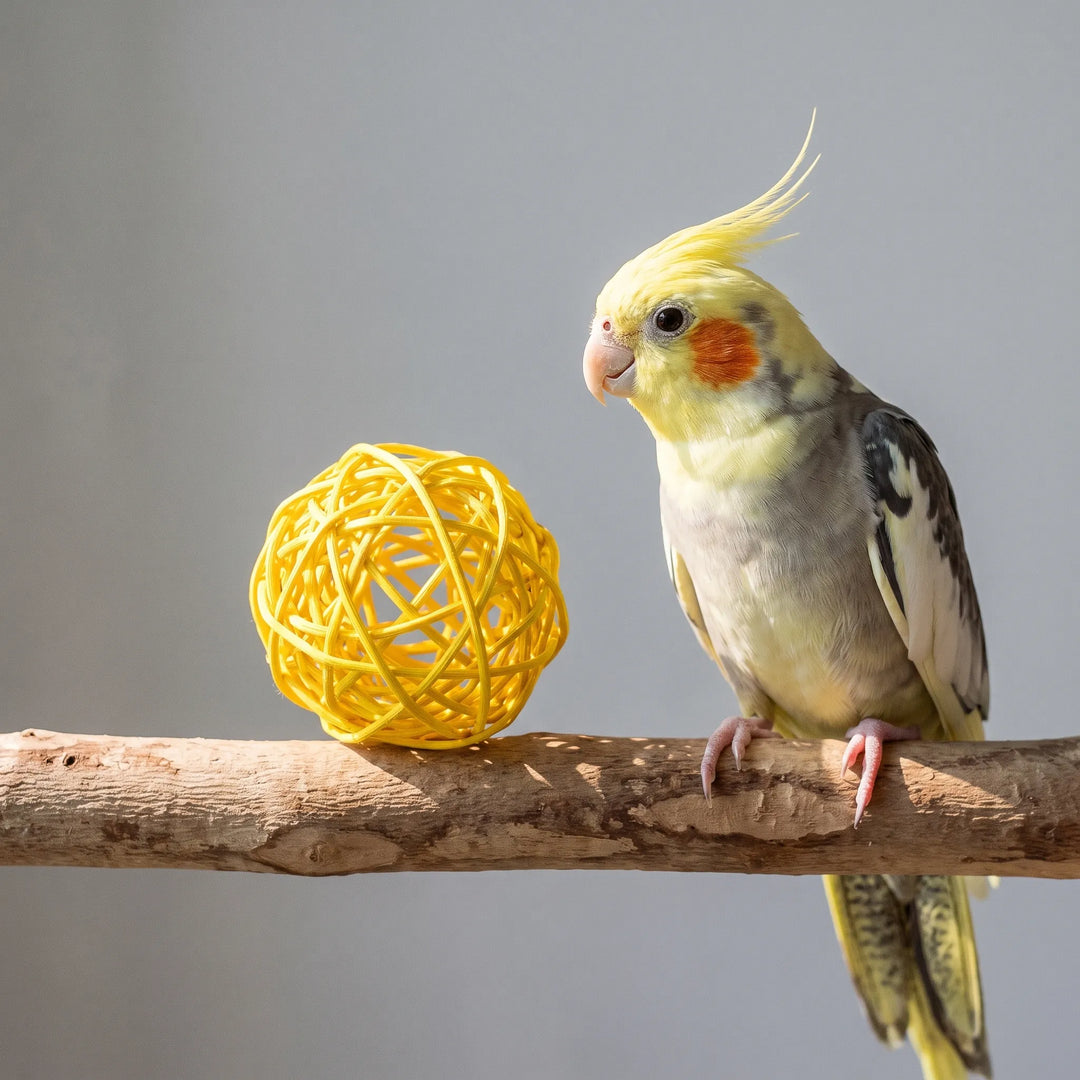A yellow woven rattan ball rests on a wooden perch beside a pale yellow and gray cockatiel looking at it. 2