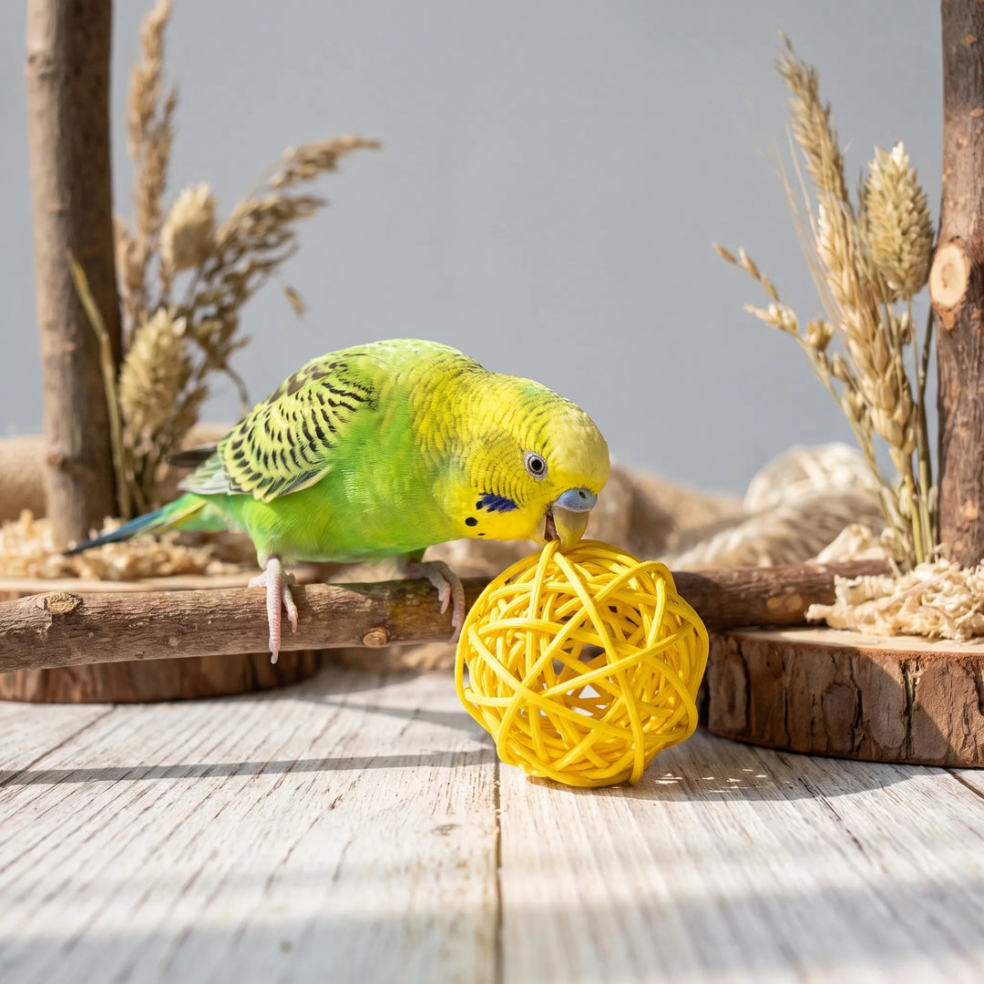 A green and yellow budgie perched on a branch pecks at a yellow woven ball, with dried grasses and wood slices behind. 3