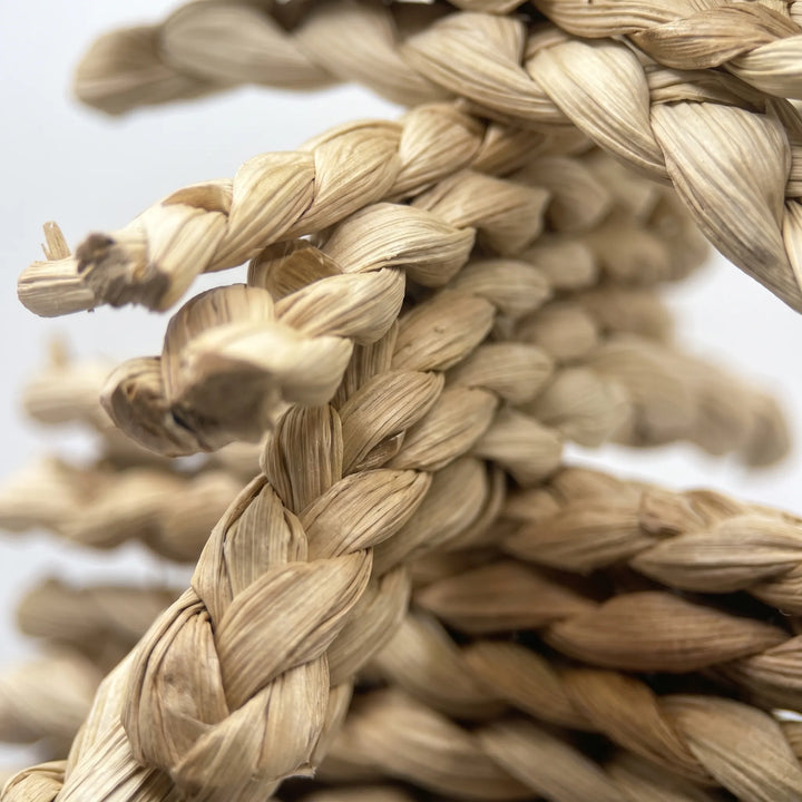 Close-up of the tightly braided natural straw strands, showing the woven texture and frayed ends, against a soft white background. 3