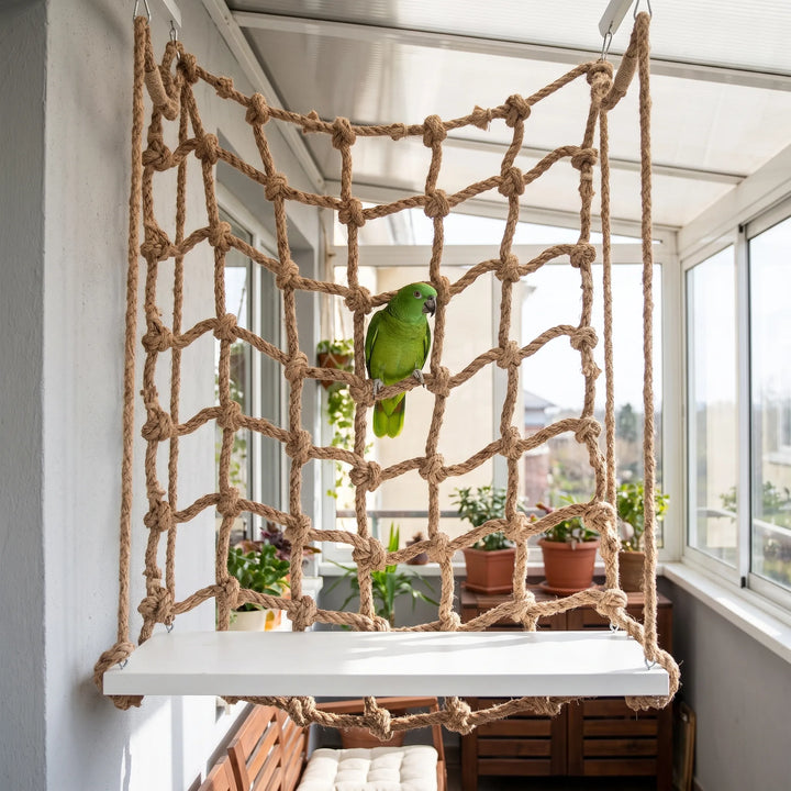 Rope net with white platform hanging in a bright sunroom, with a green parrot perched on one of the ropes. 2