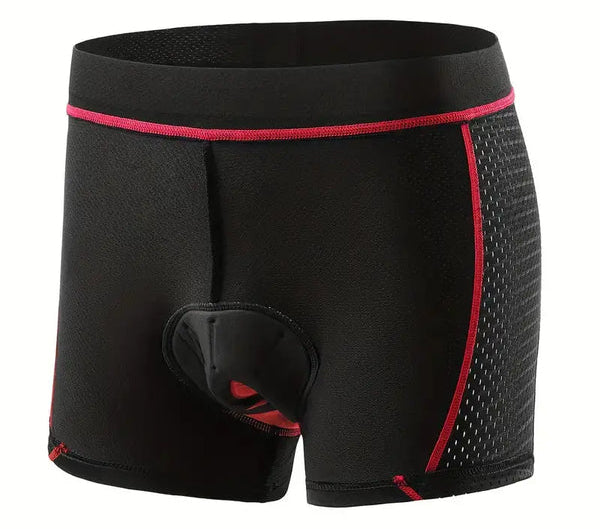 Black gel-padded cycling undershorts with red piping and a mesh side panel, front view