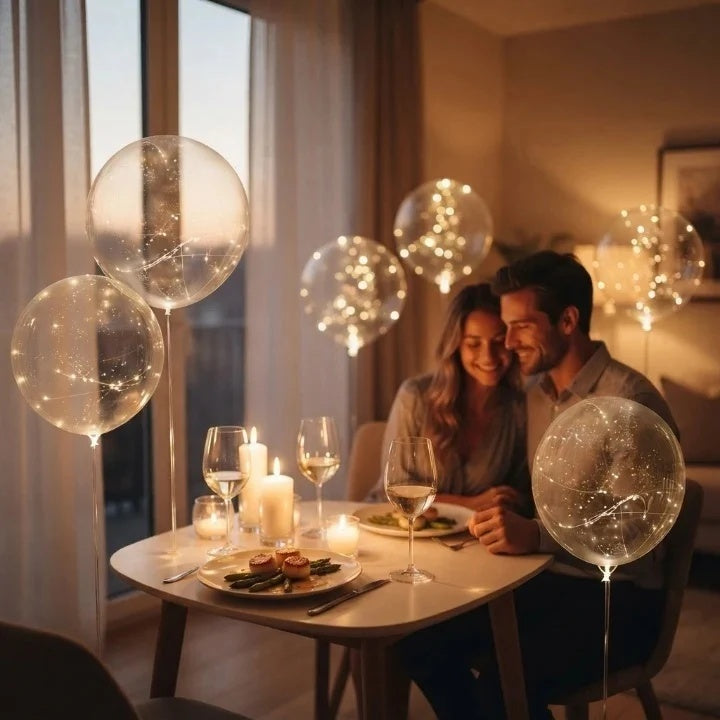 Clear light-up balloons glowing beside a couple at a candlelit dinner