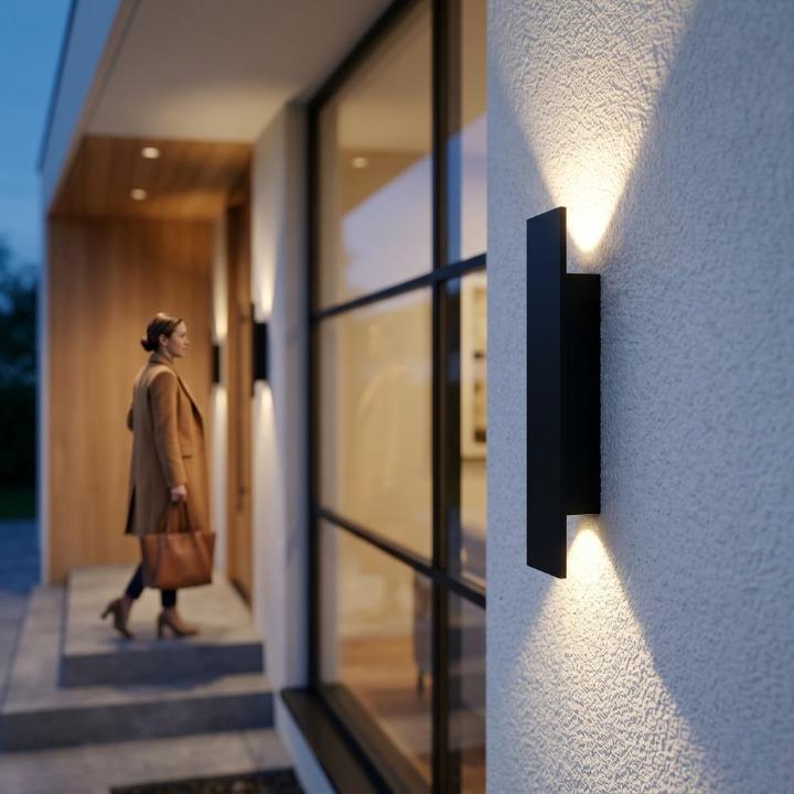 Black wall light detail beside a window with a woman walking toward the entrance.
