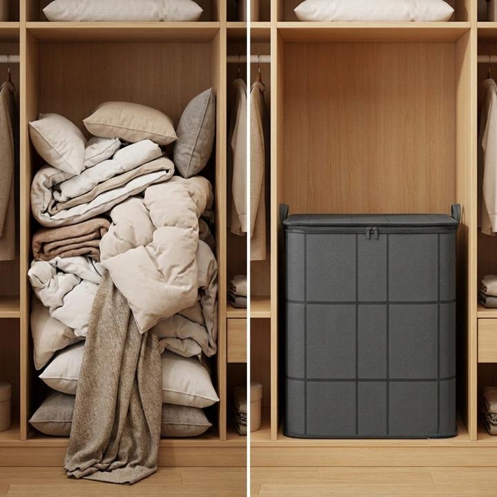 Another view of storage bags and bedding organized on shelves.